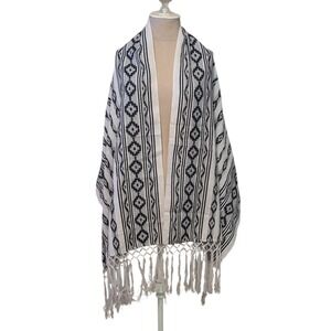 Mexican Rebozo Scarf Handwoven Black White Geometric Diamond Fringe Shawl Wrap